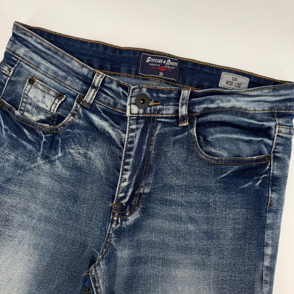 Stitches Rivets Mens‎ W30 L30 Blue Wash Denim Jeans Pants Straight Fit Casual